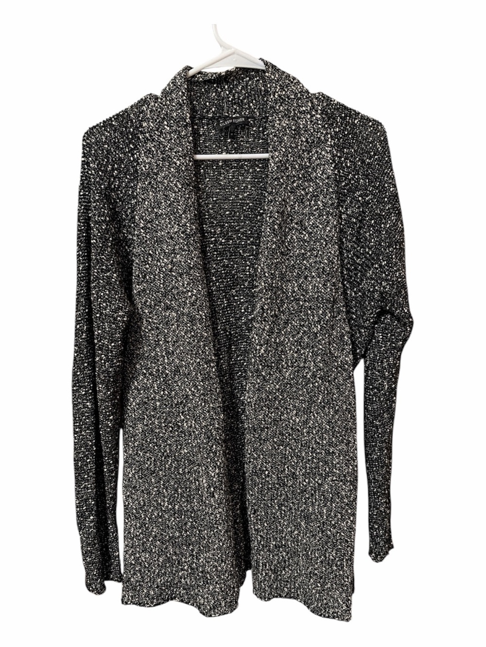 Eileen Fisher Black/White Speckled Cotton Knit Open Cardigan